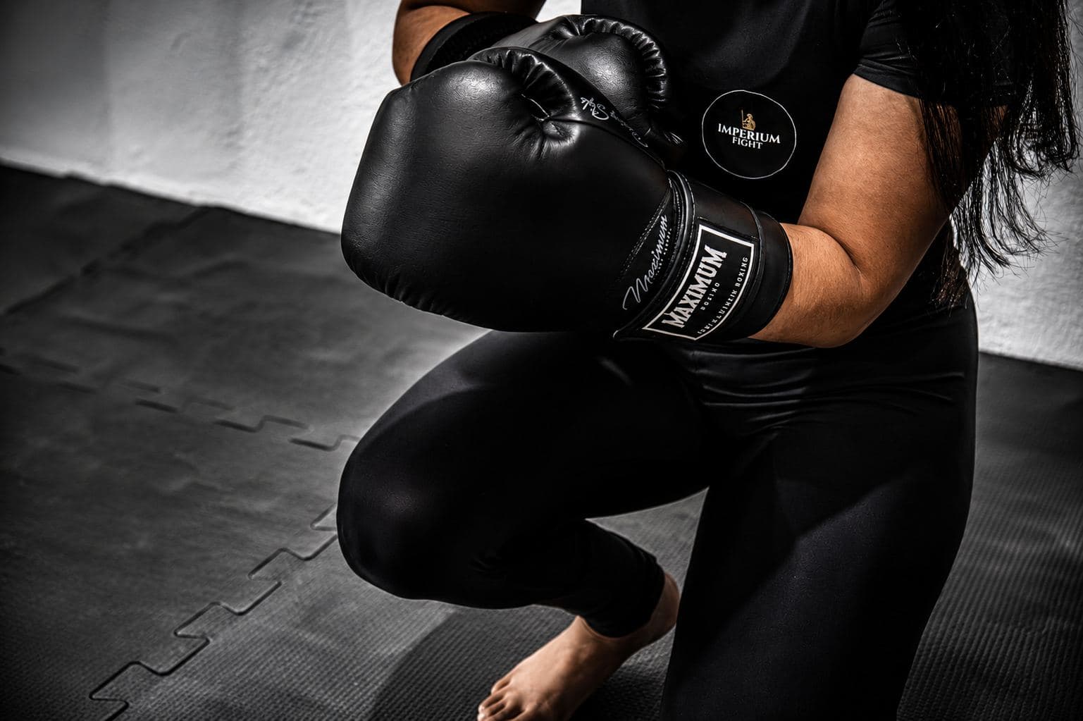 Detalhe da luva de boxe com o emblema da Imperium Fight